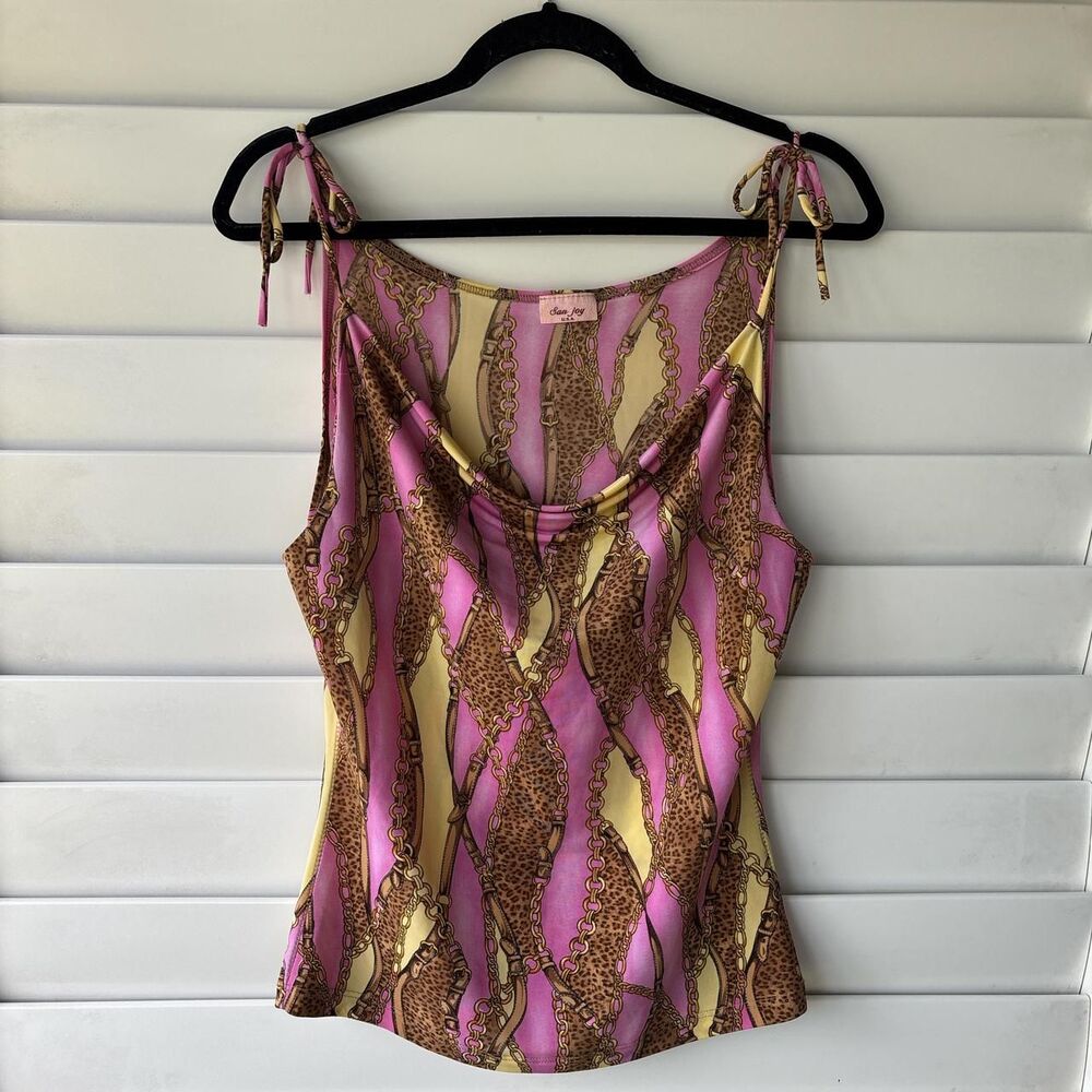 Vintage Y2K Sexy Pink Leopard Chainlink Clubwear Cowl Neck Tie Strap Top Sz S